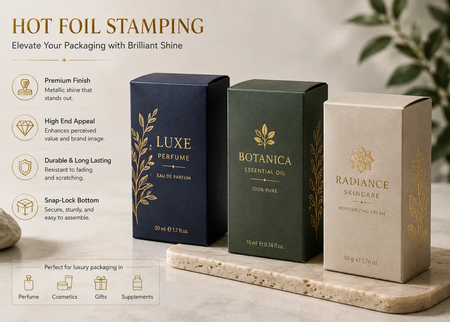 Hot foil stamped Snap-Lock Bottom Carton