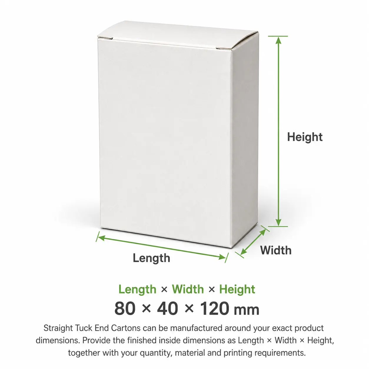 Straight Tuck End Carton size guide showing length width and height dimensions